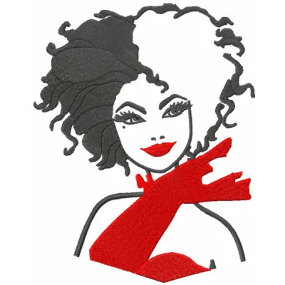 Preview of a Cruella black and red embroidery design featuring intricate details, ideal for stylish apparel and accessories.