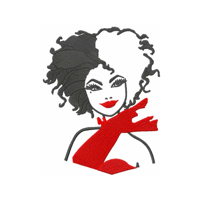 Preview of a Cruella black and red embroidery design featuring intricate details, ideal for stylish apparel and accessories.