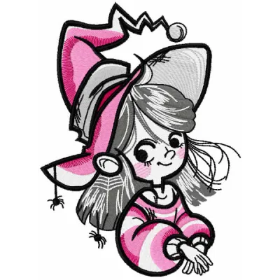 Preview of a cute Halloween witch embroidery design featuring whimsical details for festive stitching projects.