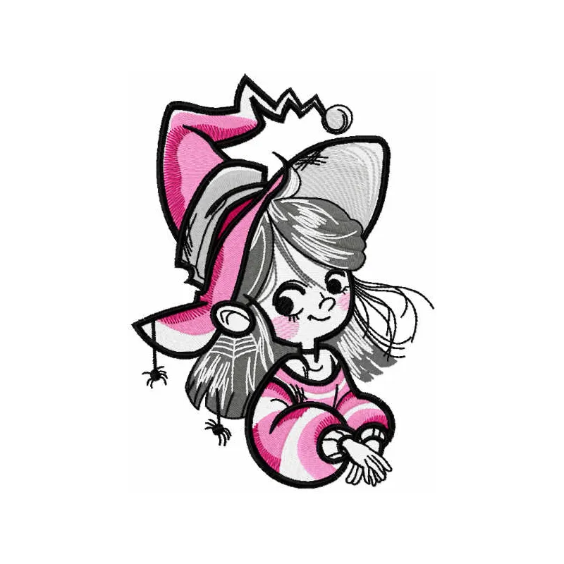 Preview of a cute Halloween witch embroidery design featuring whimsical details for festive stitching projects.