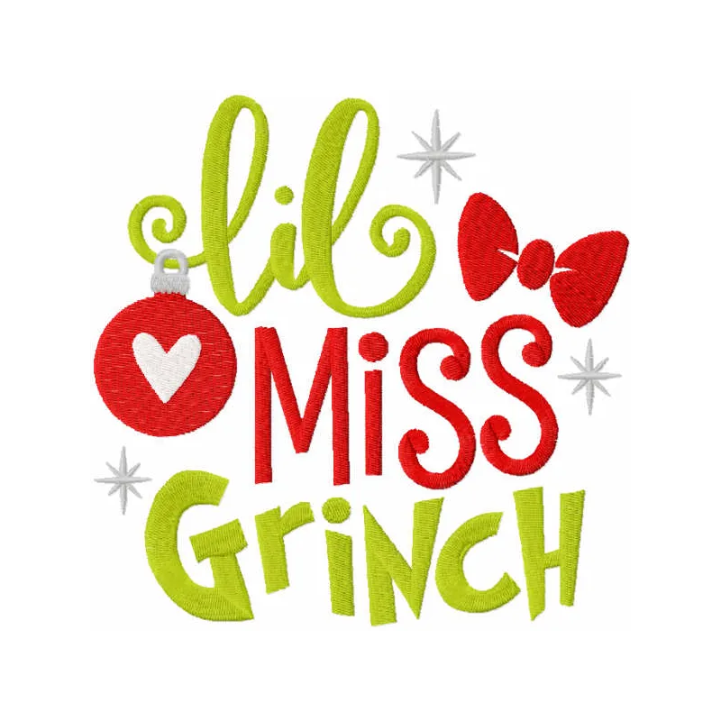 Lil Miss Grinch embroidery design inspired by Dr. Seuss, perfect for festive stitching on t-shirts or hoodies.