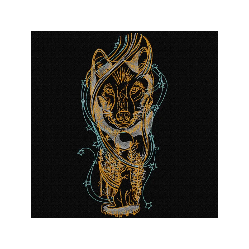 Wolf polar stars embroidery design showcasing a majestic wolf against a starry night sky, perfect for creative stitching.