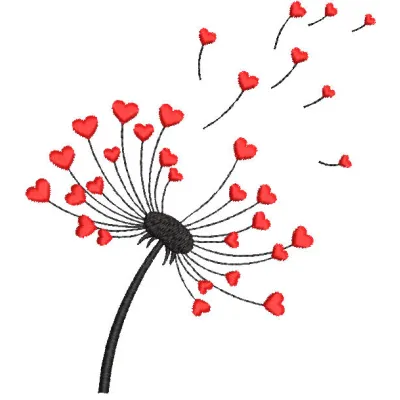 Dandelion with red hearts embroidery design, perfect for Valentine's Day projects on t-shirts, tote bags, and more.