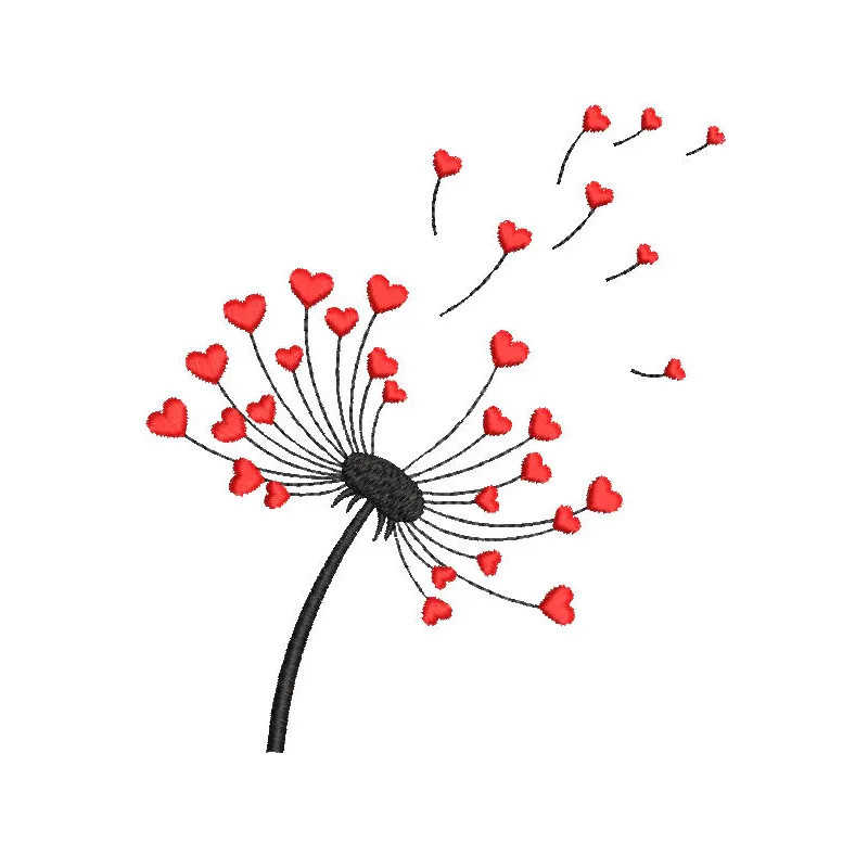 Dandelion with red hearts embroidery design, perfect for Valentine's Day projects on t-shirts, tote bags, and more.