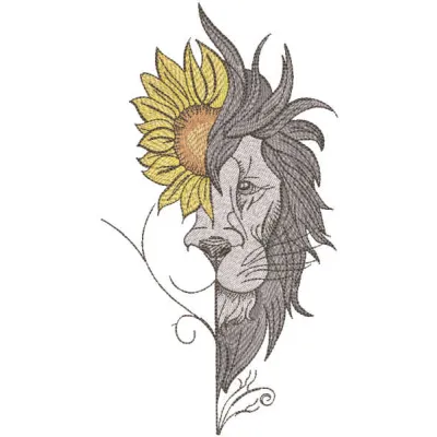 Lion sunflower embroidery design showcasing a vibrant lion surrounded by cheerful sunflowers for creative stitching.