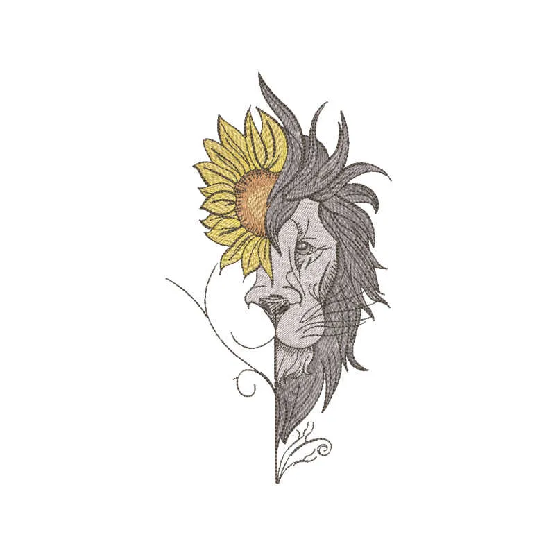 Lion sunflower embroidery design showcasing a vibrant lion surrounded by cheerful sunflowers for creative stitching.