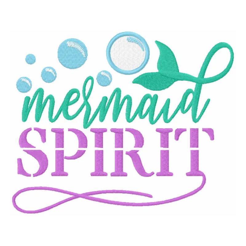 Preview of the Mermaid Spirit embroidery design, featuring whimsical lettering and enchanting motifs for creative projects.