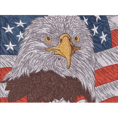 Eagle and American flag embroidery design showcasing a patriotic motif for various fabric projects.