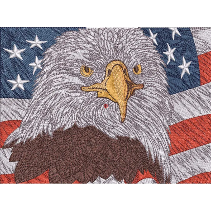 Eagle and American flag embroidery design showcasing a patriotic motif for various fabric projects.