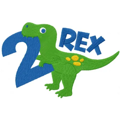 T-rex second birthday embroidery design featuring a playful dinosaur motif, perfect for baby onesies or birthday decorations.