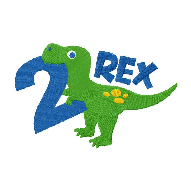 T-rex second birthday embroidery design featuring a playful dinosaur motif, perfect for baby onesies or birthday decorations.