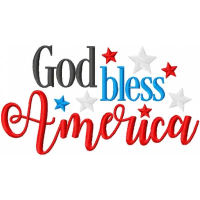 Preview of the 'God bless America 2' embroidery design featuring patriotic motifs, ideal for t-shirts and tote bags.