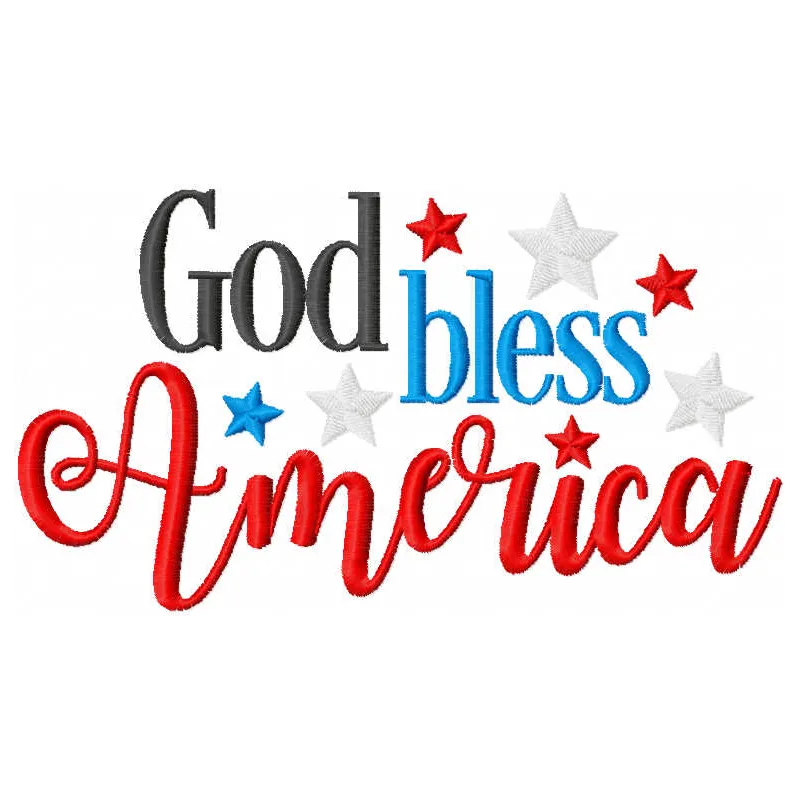 Preview of the 'God bless America 2' embroidery design featuring patriotic motifs, ideal for t-shirts and tote bags.