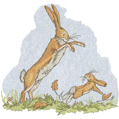 Embroidery design featuring a mother and baby rabbit playing together, perfect for stitching on baby items or gifts.