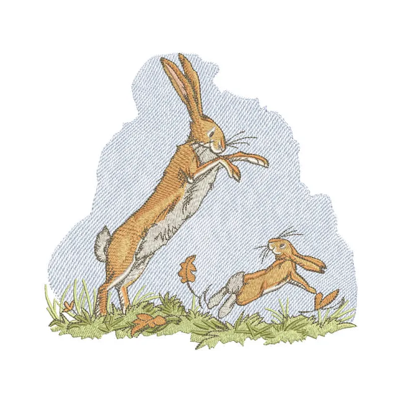 Embroidery design featuring a mother and baby rabbit playing together, perfect for stitching on baby items or gifts.