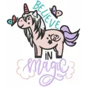 Preview of the Believe in Magic embroidery design featuring a whimsical unicorn motif, ideal for various stitching projects.