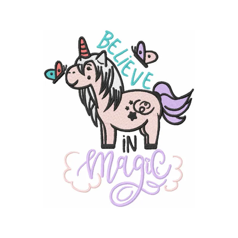 Preview of the Believe in Magic embroidery design featuring a whimsical unicorn motif, ideal for various stitching projects.