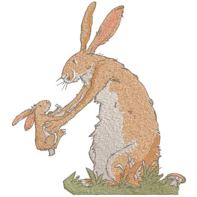 Preview of the 'Guess How Much I Love You' embroidery design featuring adorable bunnies, perfect for baby items.