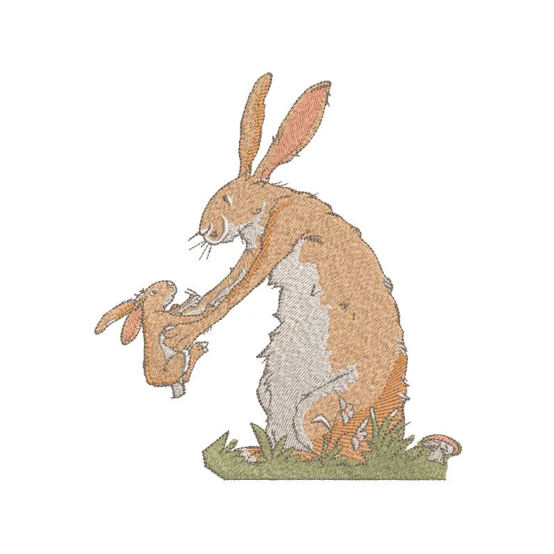 Preview of the 'Guess How Much I Love You' embroidery design featuring adorable bunnies, perfect for baby items.