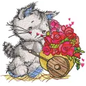 Charming cat florist embroidery design featuring a whimsical cat surrounded by vibrant floral motifs.