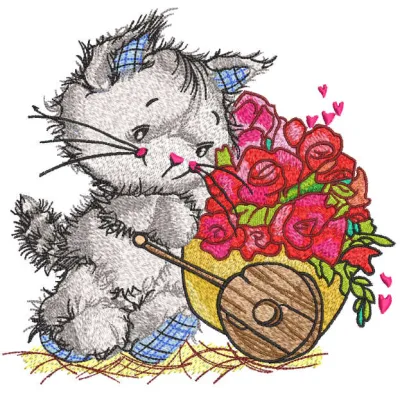 Charming cat florist embroidery design featuring a whimsical cat surrounded by vibrant floral motifs.