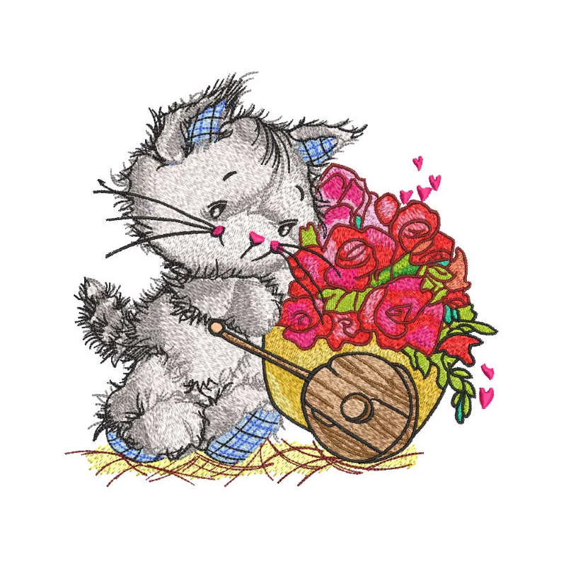 Charming cat florist embroidery design featuring a whimsical cat surrounded by vibrant floral motifs.