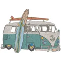 Minibus for surfer embroidery design featuring a vibrant van ideal for stitching on t-shirts and tote bags.