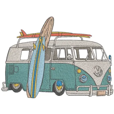 Minibus for surfer embroidery design featuring a vibrant van ideal for stitching on t-shirts and tote bags.