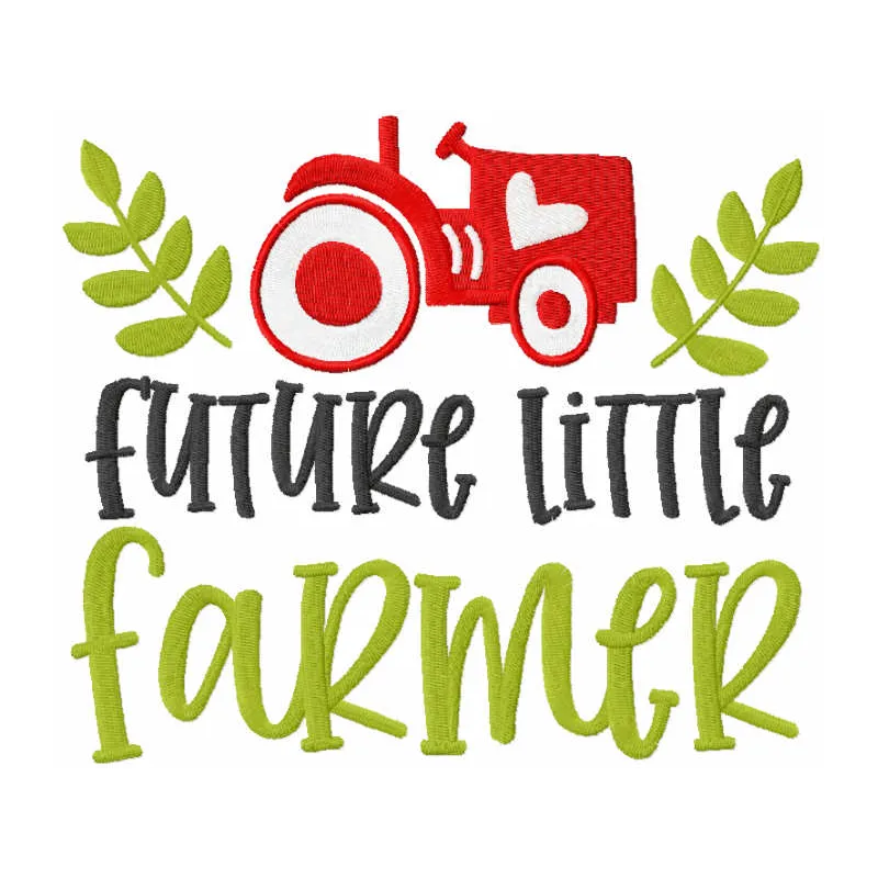 Future little farmer embroidery design showcasing a whimsical motif for baby clothing and accessories.