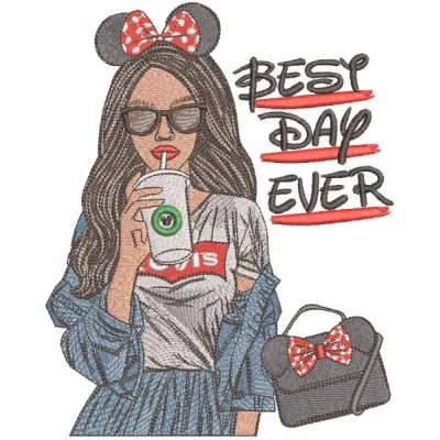 Modern girl Mickey style embroidery design showcasing a playful and trendy motif for apparel and accessories.