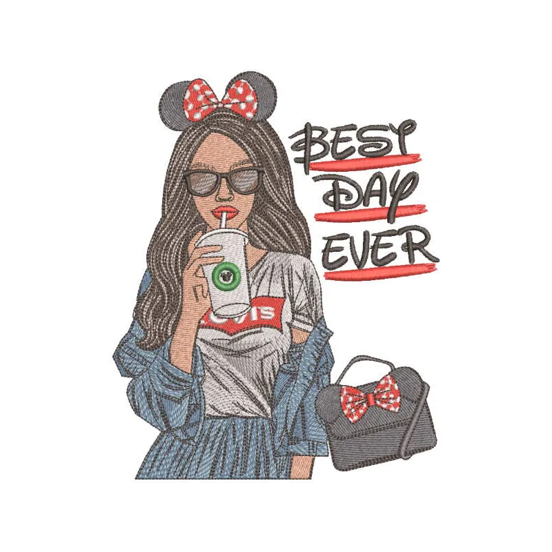 Modern girl Mickey style embroidery design showcasing a playful and trendy motif for apparel and accessories.