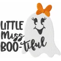Little Miss Boo-tiful Halloween embroidery design showcasing a whimsical character for festive projects.