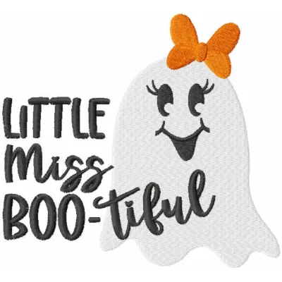 Little Miss Boo-tiful Halloween embroidery design showcasing a whimsical character for festive projects.