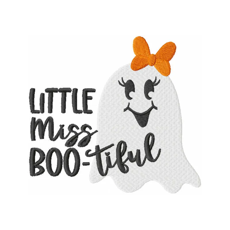 Little Miss Boo-tiful Halloween embroidery design showcasing a whimsical character for festive projects.