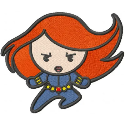 Chibi Black Widow embroidery design showcasing a playful character perfect for t-shirts and tote bags.
