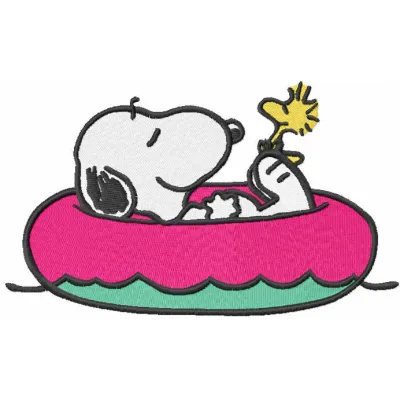 Embroidery design featuring Snoopy with waves and rays, perfect for stitching on t-shirts or tote bags.
