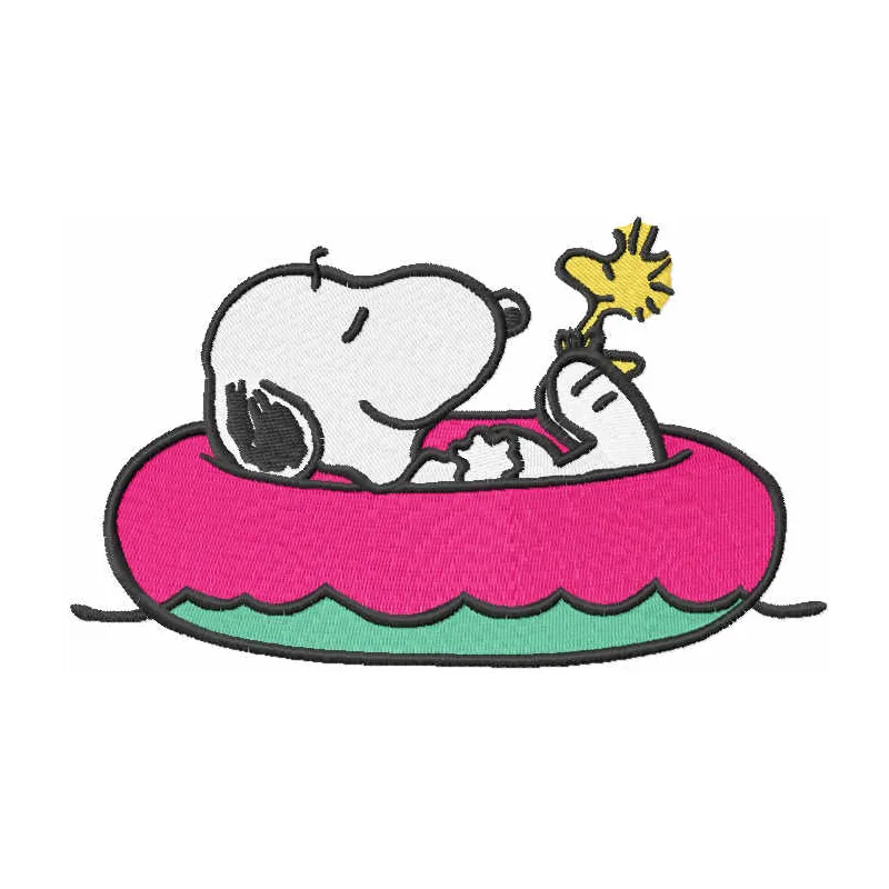 Embroidery design featuring Snoopy with waves and rays, perfect for stitching on t-shirts or tote bags.