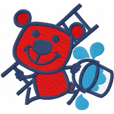 Preview of a red bear painter embroidery design, ideal for adorning baby onesies or blankets.