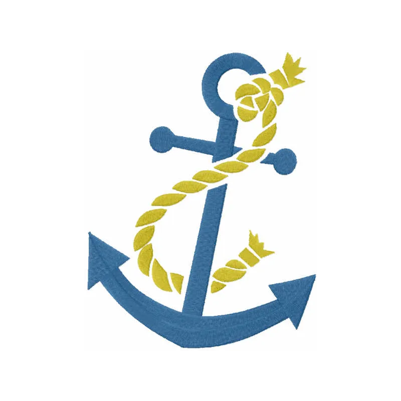 Anchor with cracked rope embroidery design showcasing a nautical theme, ideal for stitching on apparel and accessories.