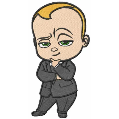 Boss Baby embroidery design featuring a playful character, ideal for stitching on baby onesies and tote bags.