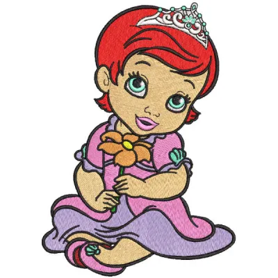 Embroidery design of a red-haired princess adorned with flowers, showcasing intricate stitching patterns.
