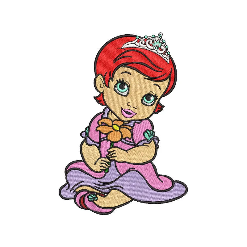 Embroidery design of a red-haired princess adorned with flowers, showcasing intricate stitching patterns.