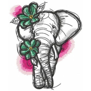 Sketch Elephant with flowers embroidery design - Embroidery Design