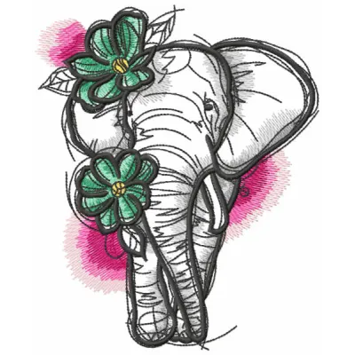Sketch elephant with flowers embroidery design, showcasing a whimsical motif for creative stitching projects.