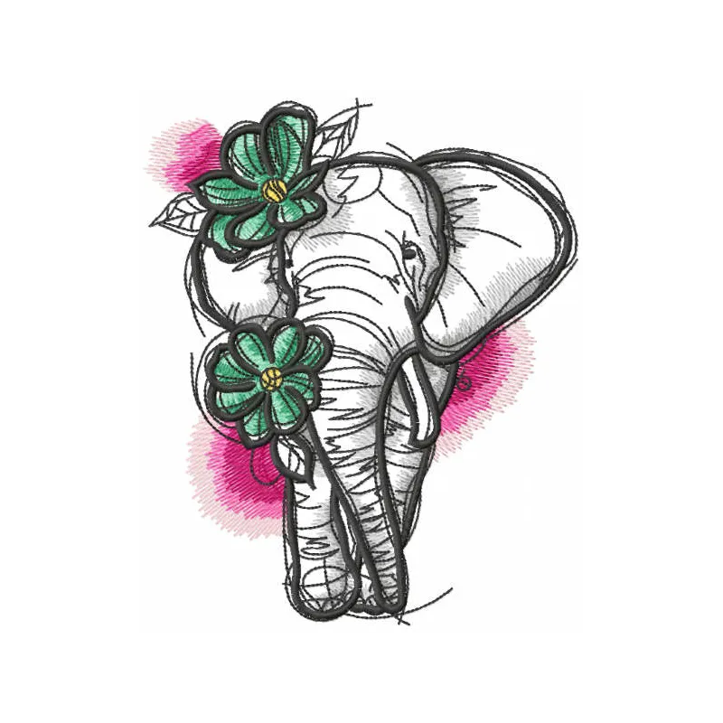 Sketch elephant with flowers embroidery design, showcasing a whimsical motif for creative stitching projects.