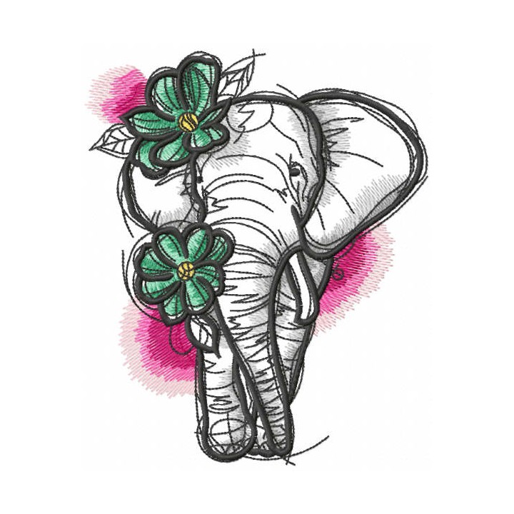 Sketch Elephant with flowers embroidery design - Embroidery Design