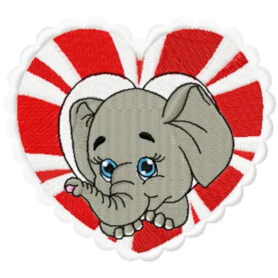 Elephant in heart embroidery design showcasing a cute elephant motif framed by a heart shape.