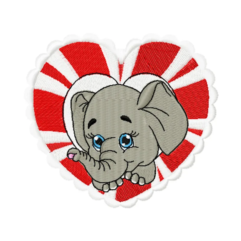 Elephant in heart embroidery design showcasing a cute elephant motif framed by a heart shape.