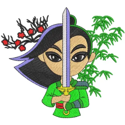 Raya with sword embroidery design featuring a detailed depiction of the character for creative stitching projects.