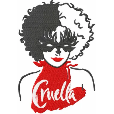 Embroidery design preview of a Cruella mask, showcasing intricate stitching patterns for creative projects.